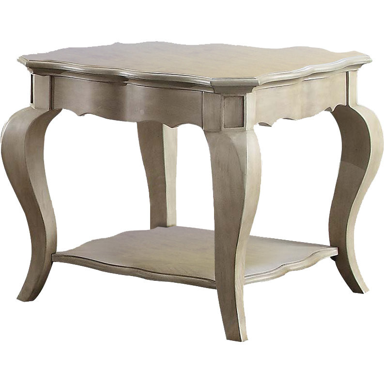 Wooden End Table With Lower Shelf In Antique Taupe Silver Finish- Saltoro Sherpi