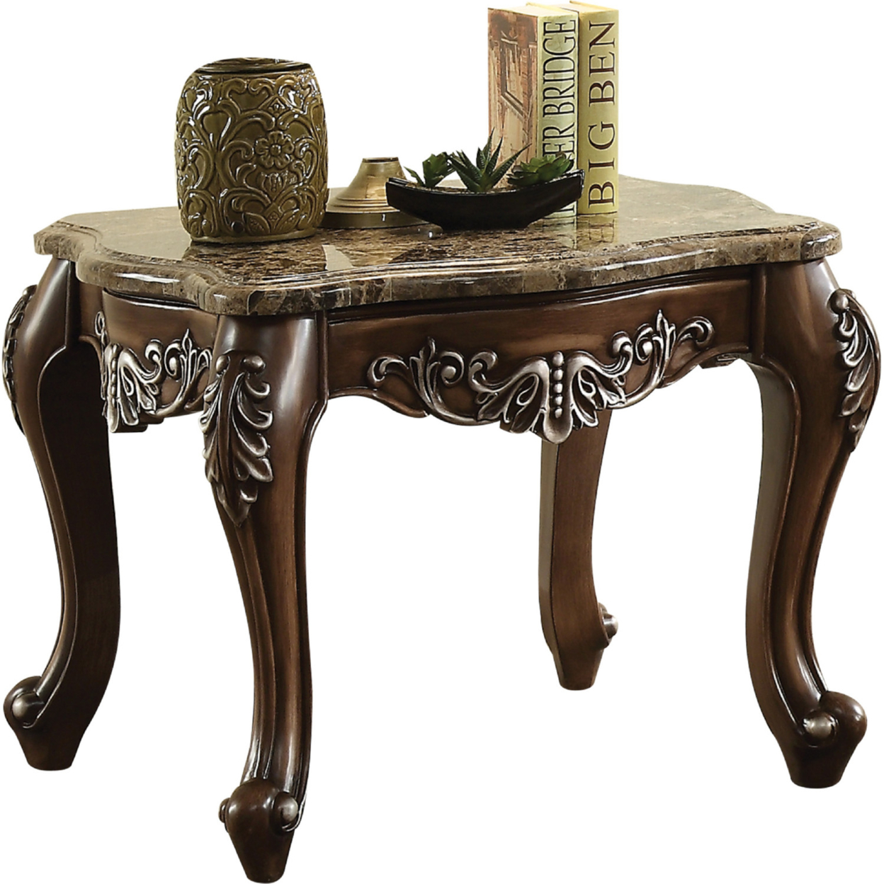 Wooden End Table With Marble Top In Antique Oak Brown- Saltoro Sherpi