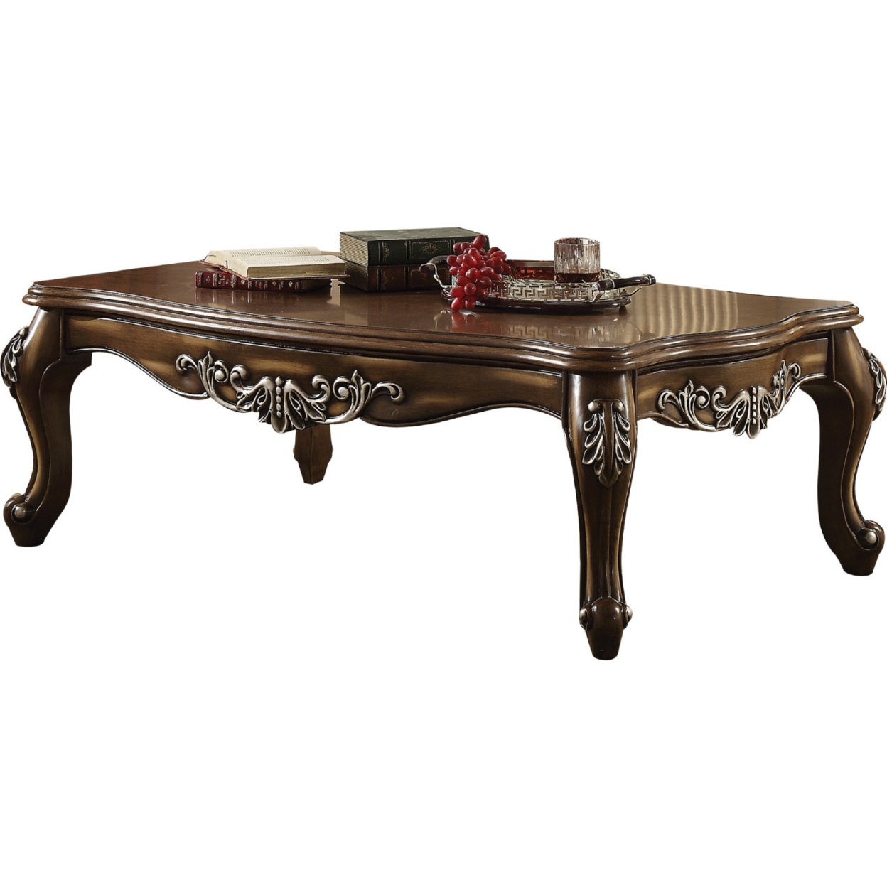 Intricately Carved Wooden Coffee Table In Antique Oak Brown- Saltoro Sherpi