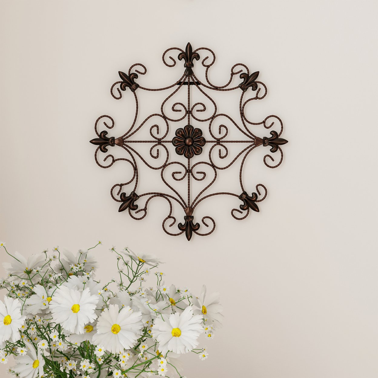 Medallion Metal Wall Art- 14.25 Inch Square Open Edge Metal Hand Crafted With Distressed Finish