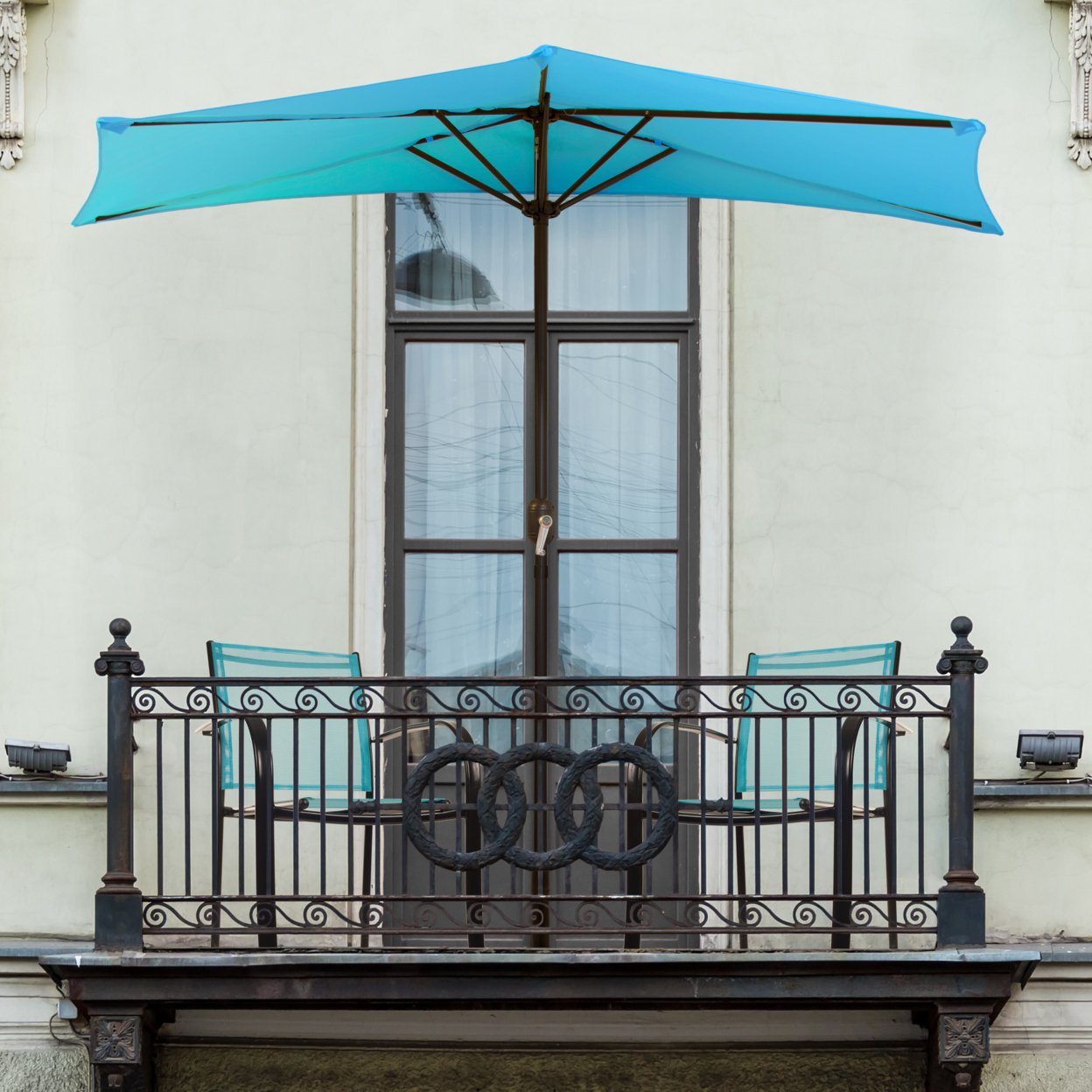 Half Round Patio Umbrella With Easy Crank- Small Space Outdoor Shade Umbrella Blue