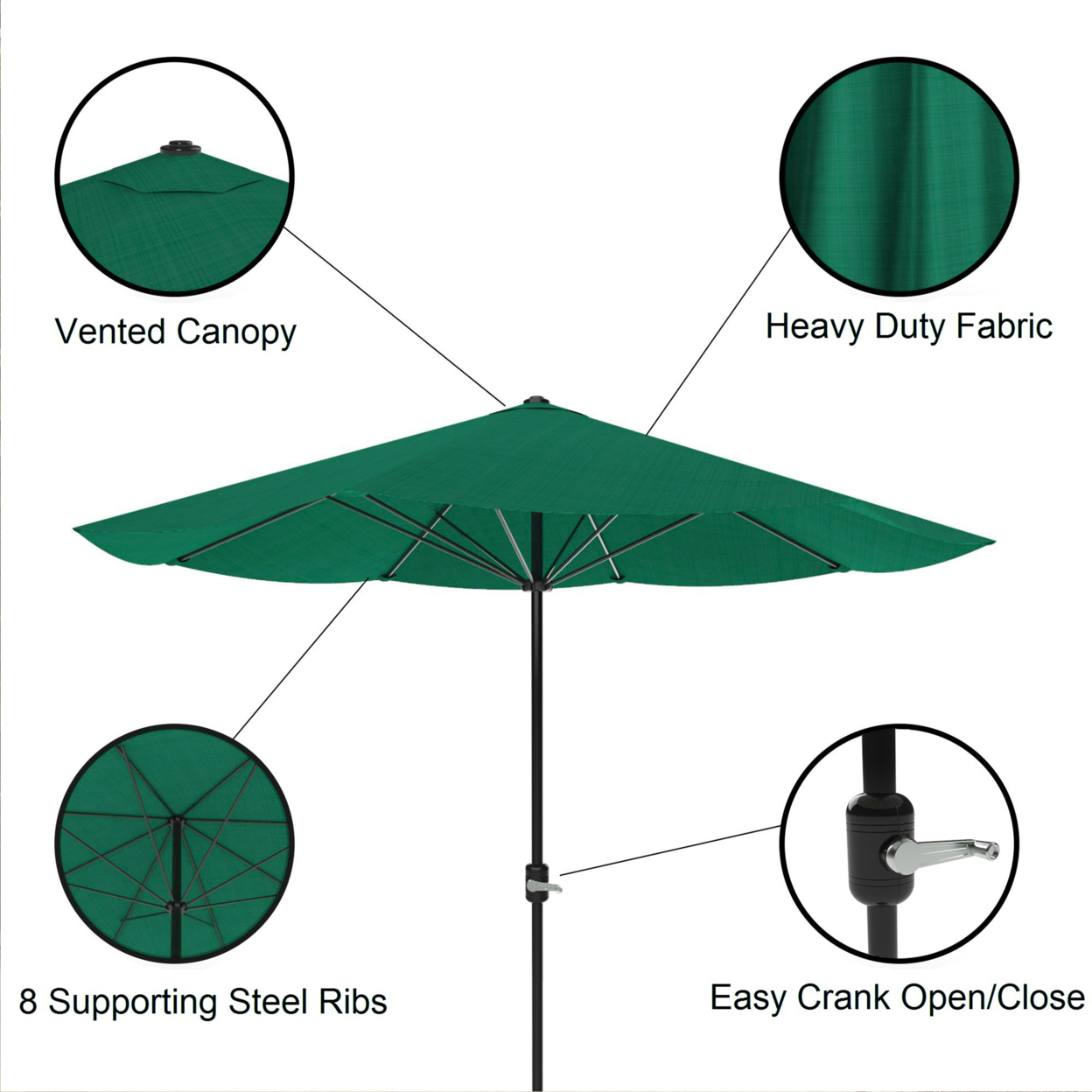 Patio Umbrella Outdoor Shade With Easy Crank- Table Umbrella For Deck Poolside Hunter Green