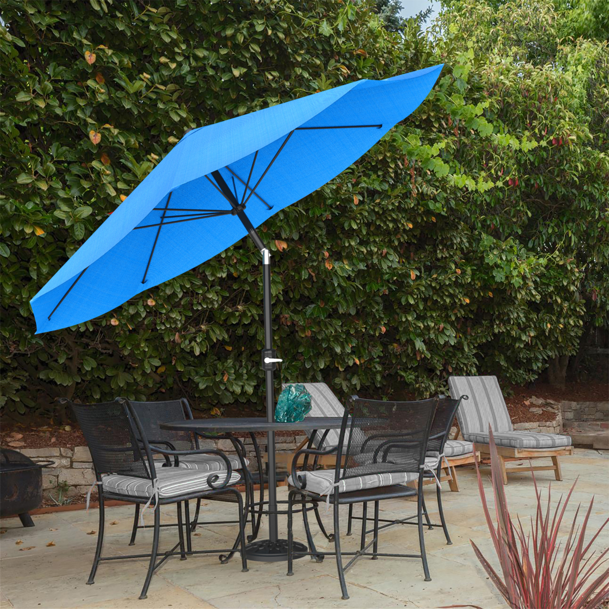 Patio Umbrella With Auto Tilt- Easy Crank Outdoor Table Umbrella Shade Blue