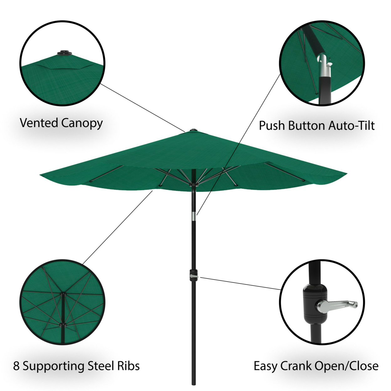 Patio Umbrella With Auto Tilt- Easy Crank Outdoor Table Umbrella Shade 10 Ft Hunter Green