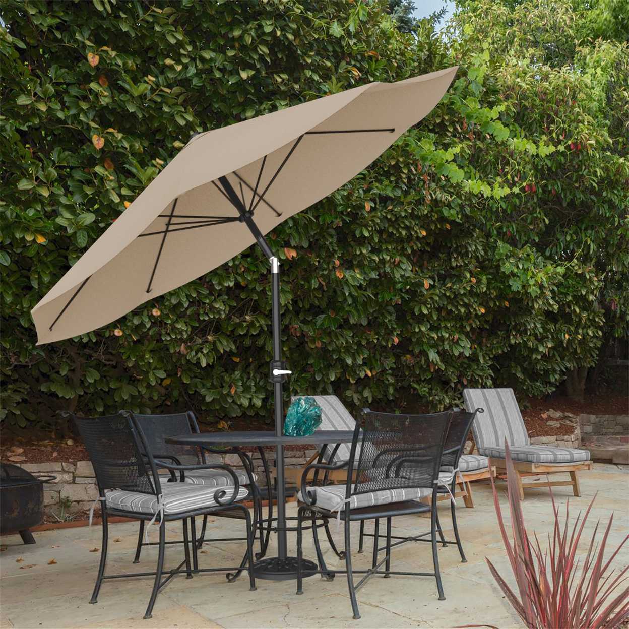 Patio Umbrella With Auto Tilt- Easy Crank Outdoor Table Umbrella Shade 10 Ft Sand