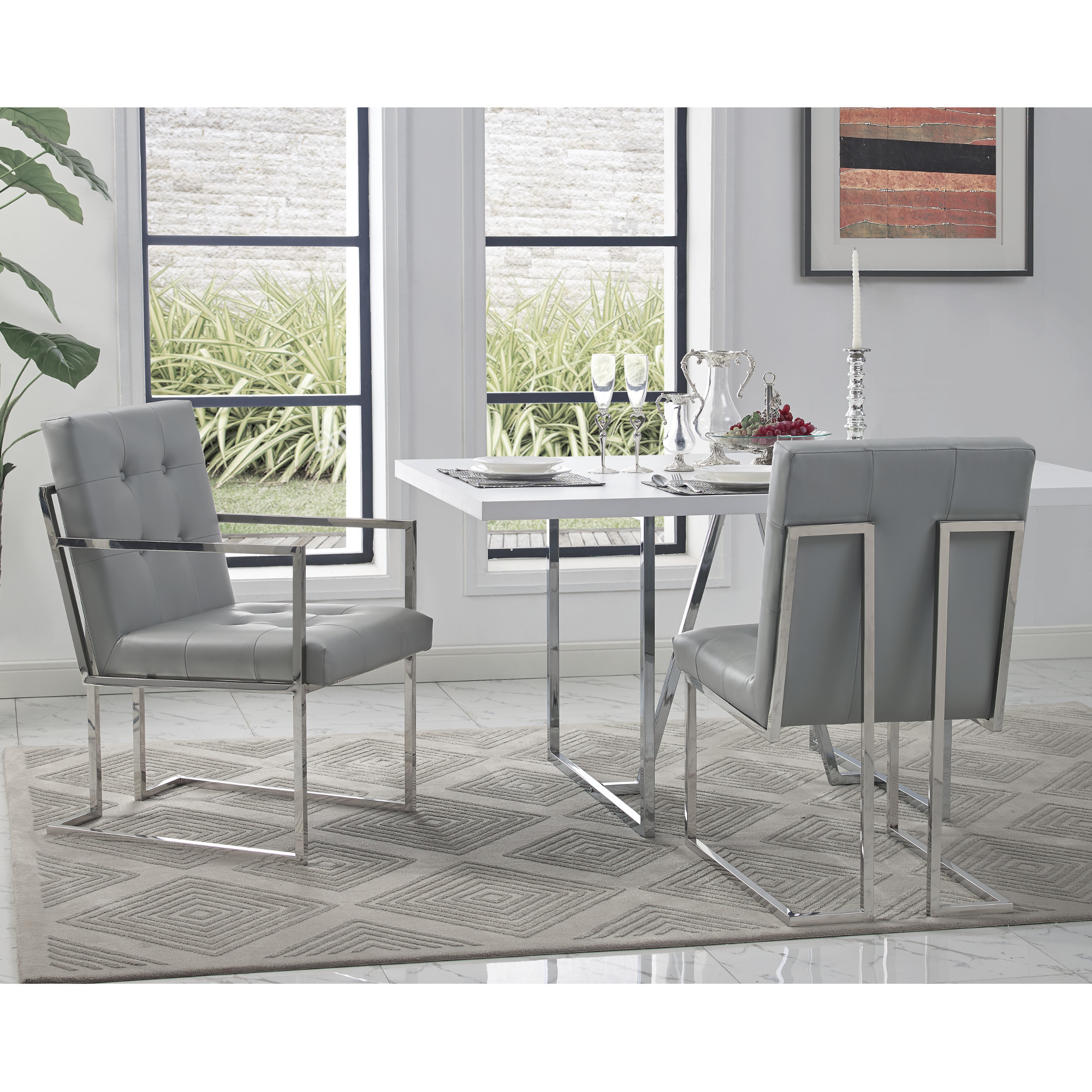 Cecille PU Leather Or Velvet Dining Chair-Set Of 2-Chrome-Gold Frame-Square Arm-Button Tufted-Modern & Functional By Inspired Home - Grey Ve