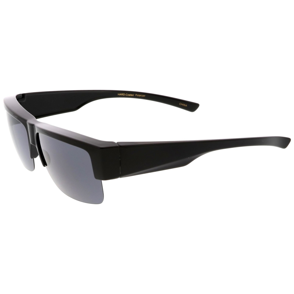 Large Semi Rimless Rectangle Sunglasses With Polarized Lens Wide Arms 65mm - Black / Smoke