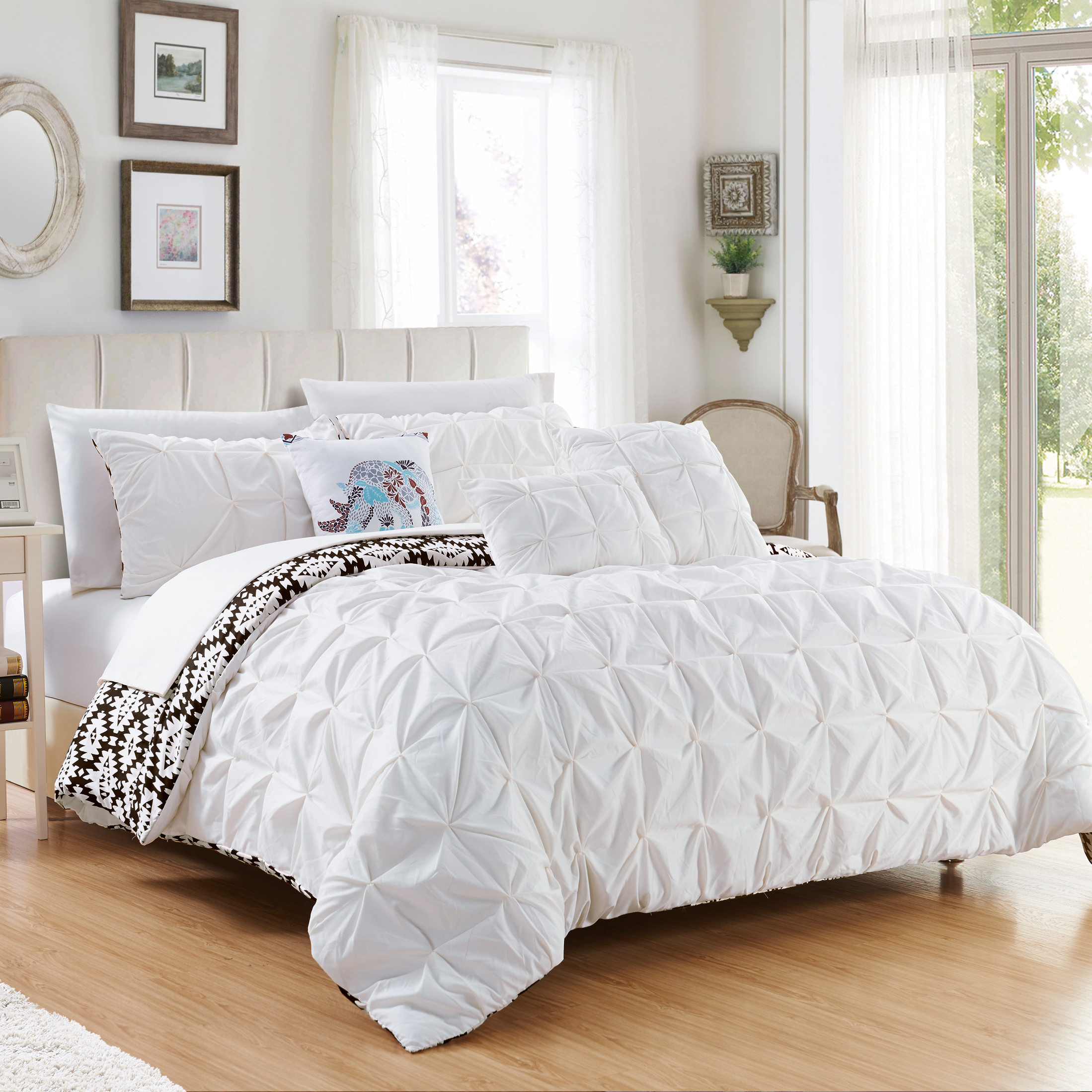 Rahab 10 Or 8 Piece Reversible Comforter Set Complete Bed In A Bag Pintuck Pleated And Aztec Inspired - White, Twin