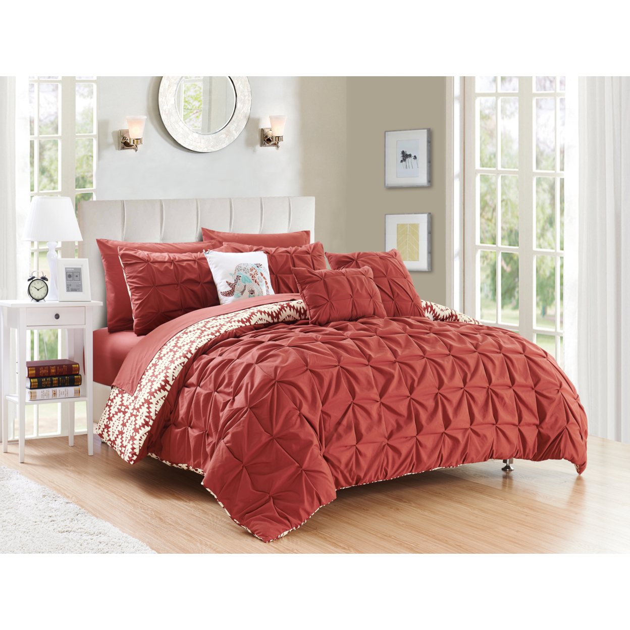 Rahab 10 Or 8 Piece Reversible Comforter Set Complete Bed In A Bag Pintuck Pleated And Aztec Inspired - Brick, Twin