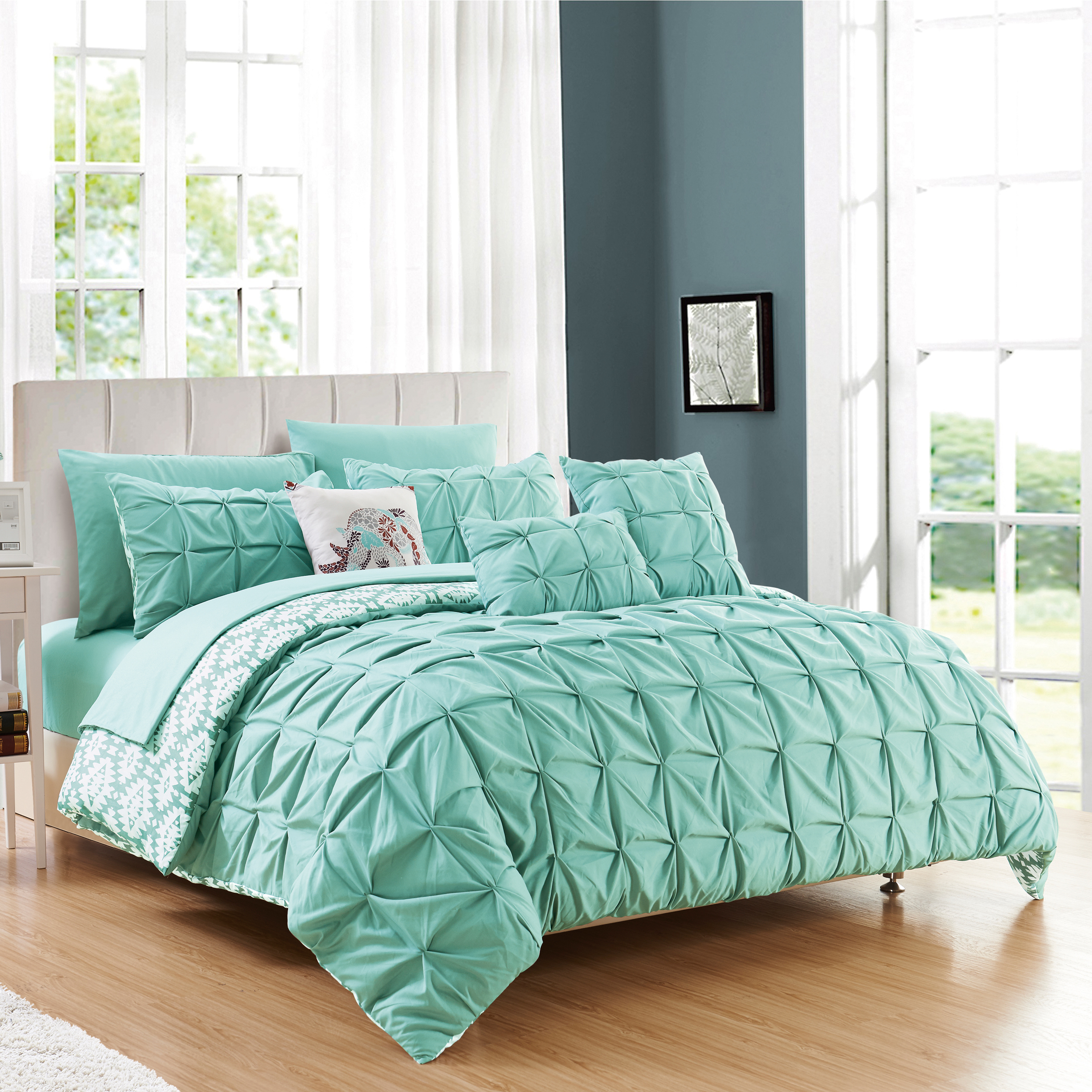 Rahab 10 Or 8 Piece Reversible Comforter Set Complete Bed In A Bag Pintuck Pleated And Aztec Inspired - Aqua, Twin
