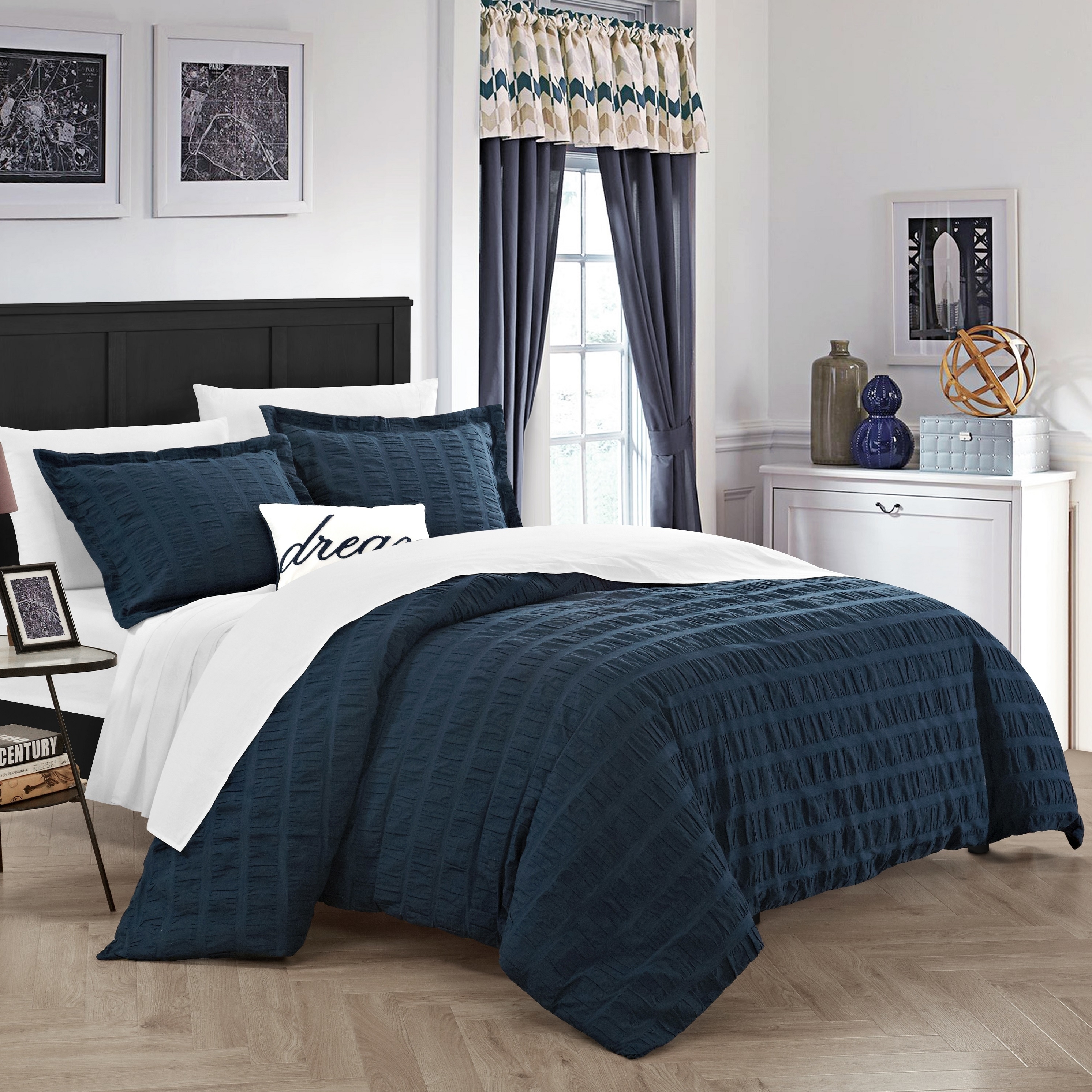 Calamba 4 Piece Duvet Cover Set 100% Cotton 200 Thread Count Ruched Ruffled Striped Design Zipper Closure - Navy, King
