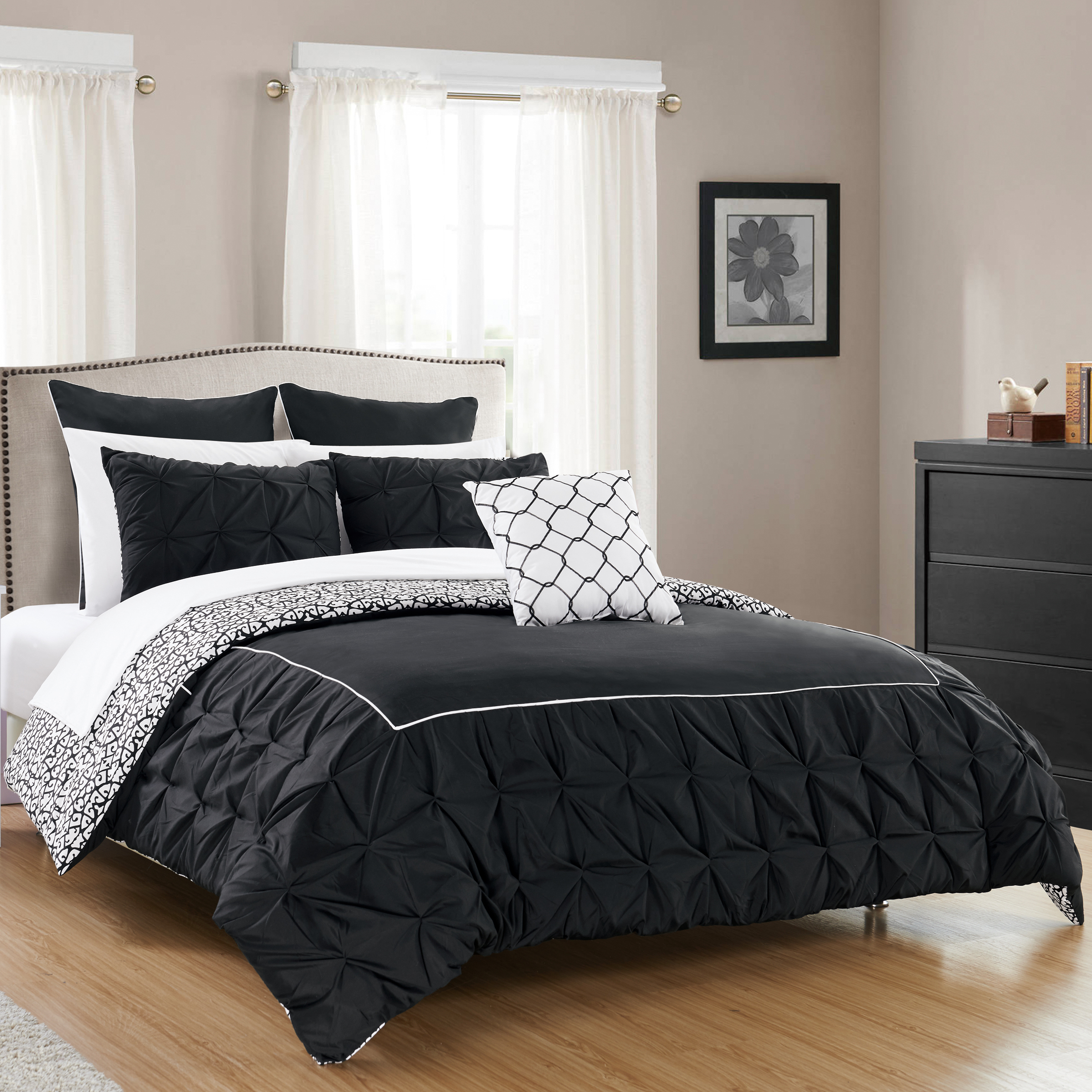 Keppel 10 Piece Comforter Set Complete Bed In A Bag Pleated Ruffles And Reversible Print Bedding With Sheet Set - Black, Queen