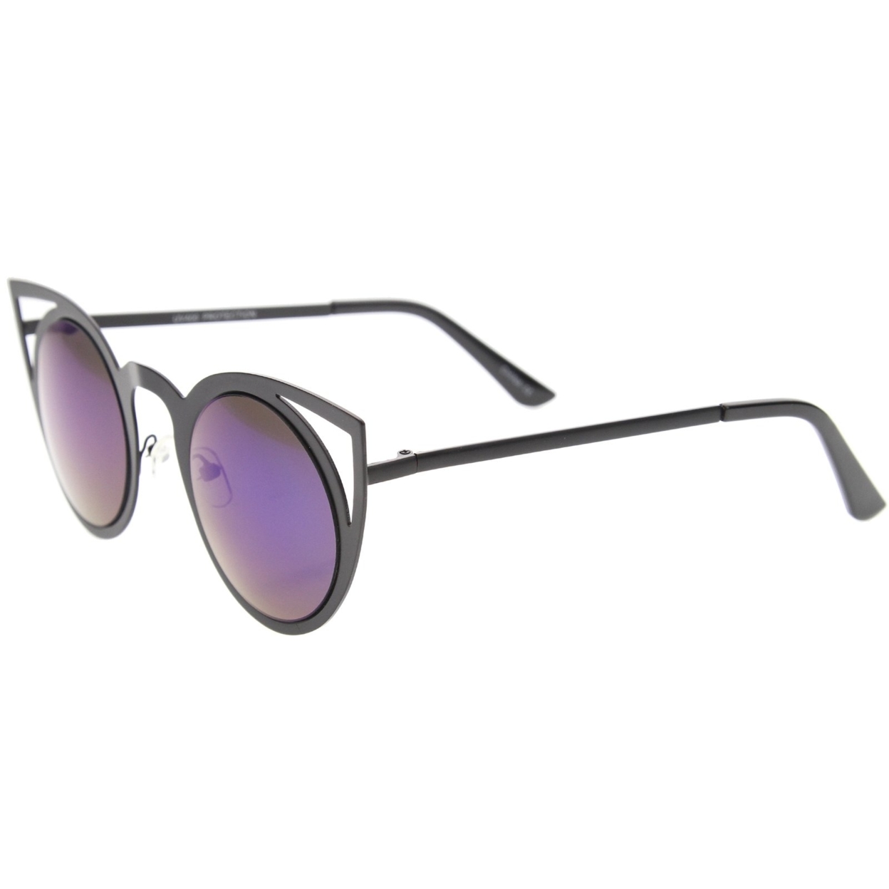 Womens Fashion Round Metal Cut-Out Flash Mirror Lens Cat Eye Sunglasses - Gold / Pink Mirror