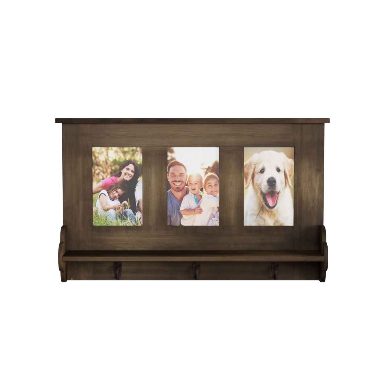 Wall Shelf And Picture Collage With Ledge And 3 Hanging Hooks- Photo Frame Decor Shelving With Rustic Wood Look, Holds 4 X 6 Pictures