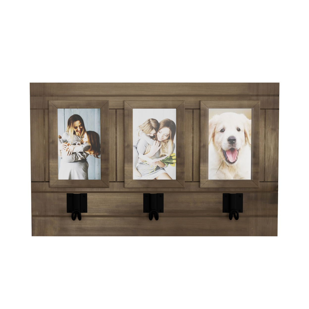 Wall Picture Collage With 3 Hanging Hooks- Wall Mounted Photo Frame Decor With Rustic Wood Look, Holds 4x6 Pictures