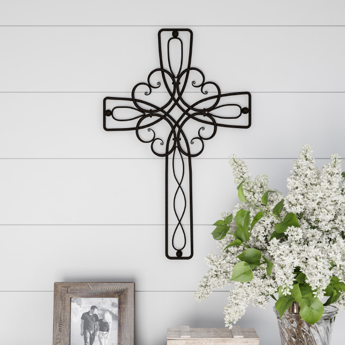 Metal Wall Cross With Decorative Floral Scroll Design- Rustic Handcrafted Religious Wall Art For Decor In Living Room, Bedroom