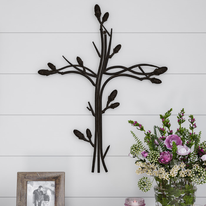 Metal Wall Cross With Decorative Intertwined Vine Design- Rustic Handcrafted Religious Art For Decor In Living Room, Bedroom