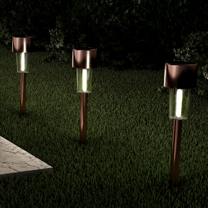 Solar Path Lights Stainless Steel Outdoor Stake Lighting For Garden, Landscape, Patio, Driveway, Walkway- Set Of 12 (Bronze)