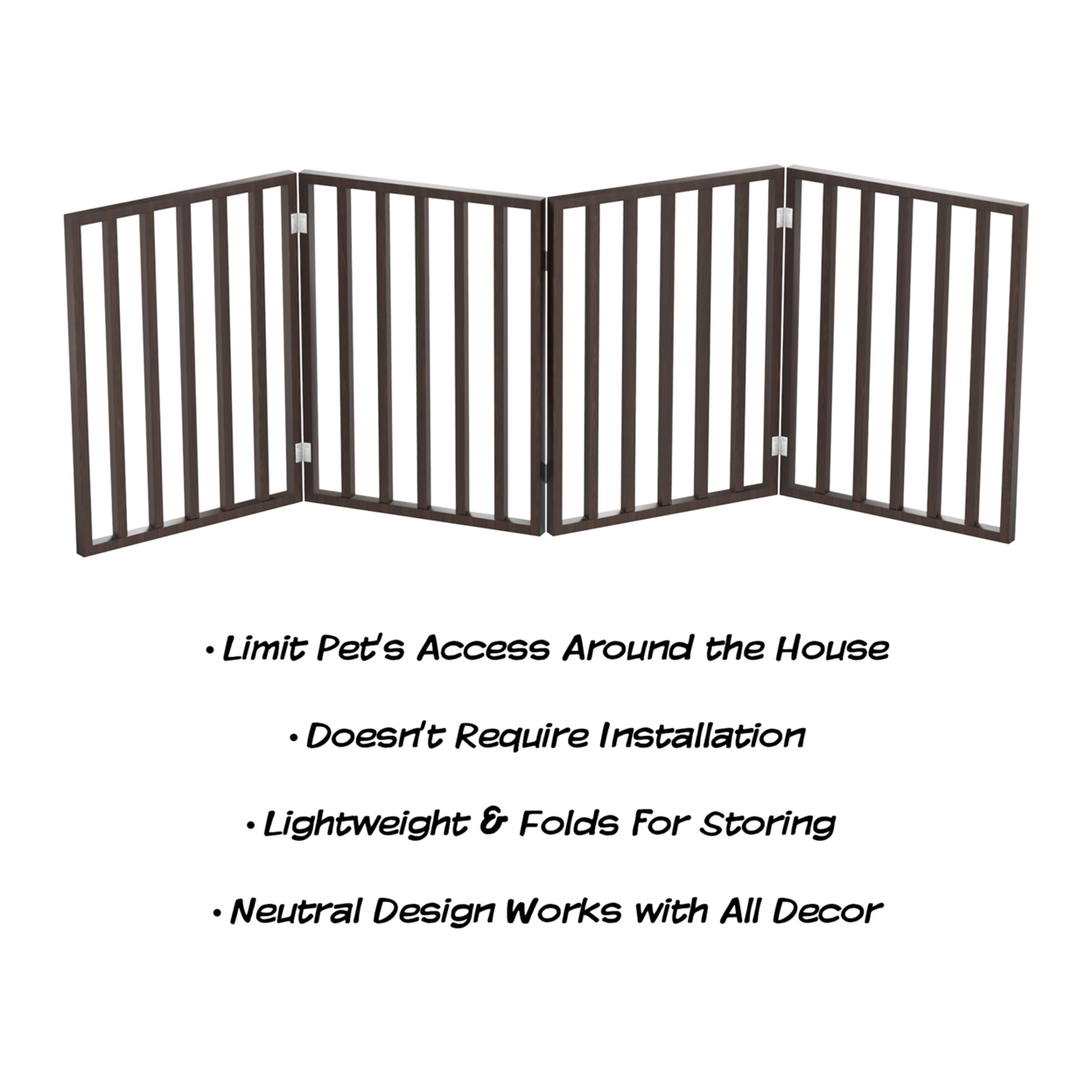 Wooden Pet Gate- Foldable 4-Panel Indoor Barrier Fence, Freestanding And Lightweight Design For Dogs, Puppies, Pets- 72 X24 (Brown Stain)