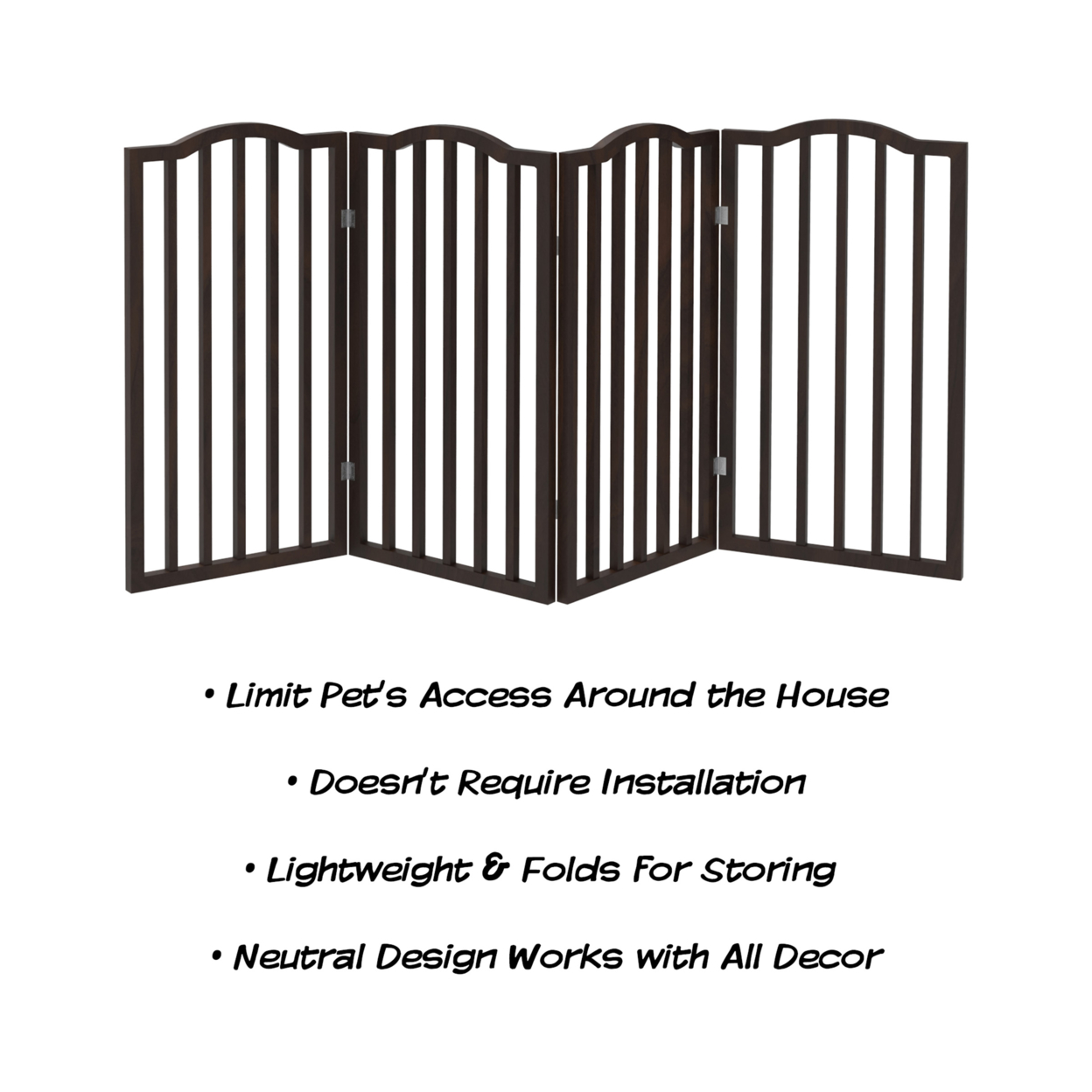 Wooden Pet Gate- Tall Freestanding 4-Panel Indoor Barrier Fence, Foldable With Decorative Arches For Dogs, Puppies, Pets- 72 X32 (Brown)