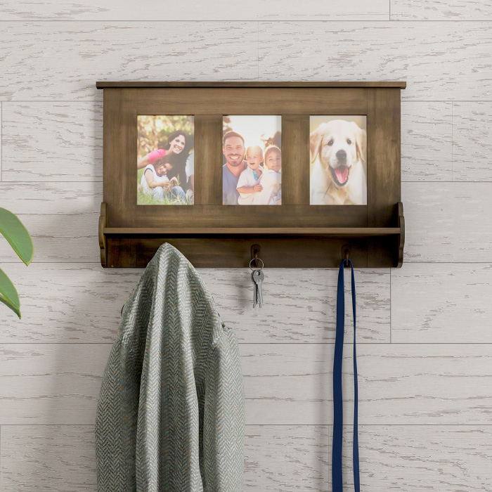 Wall Shelf And Picture Collage With Ledge And 3 Hanging Hooks- Photo Frame Decor Shelving With Rustic Wood Look, Holds 4 X 6 Pictures