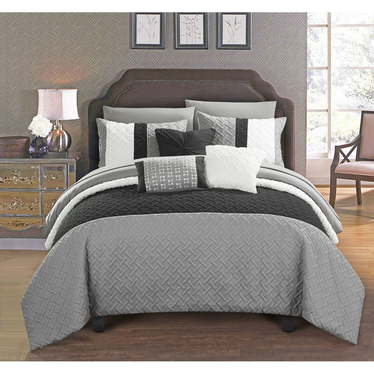 Chic Home Shaila 10 Or 8 Piece Comforter Set Color Block Quilted Embroidered Design Bed In A Bag Bedding - Grey, King