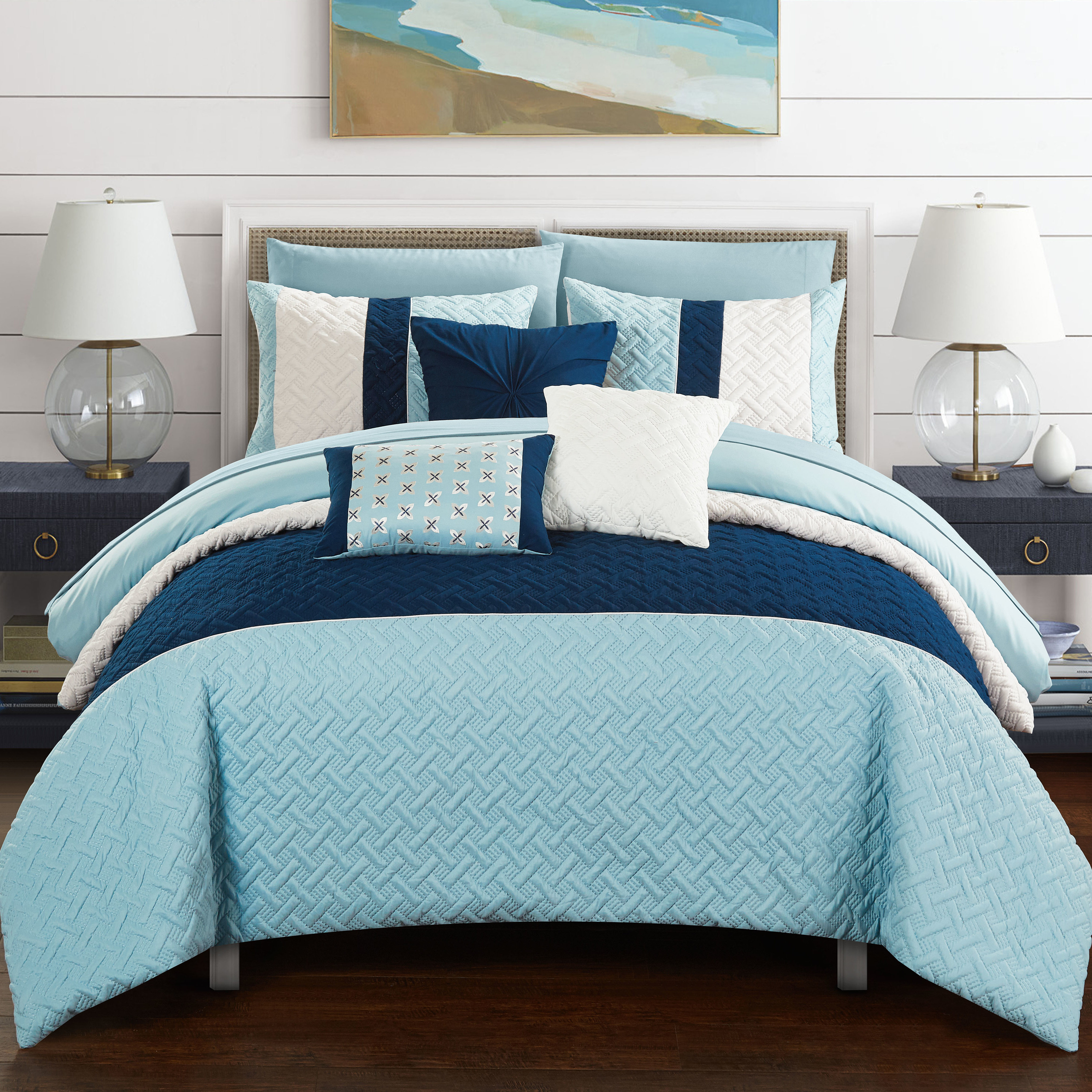 Chic Home Shaila 10 Or 8 Piece Comforter Set Color Block Quilted Embroidered Design Bed In A Bag Bedding - Blue, Twin