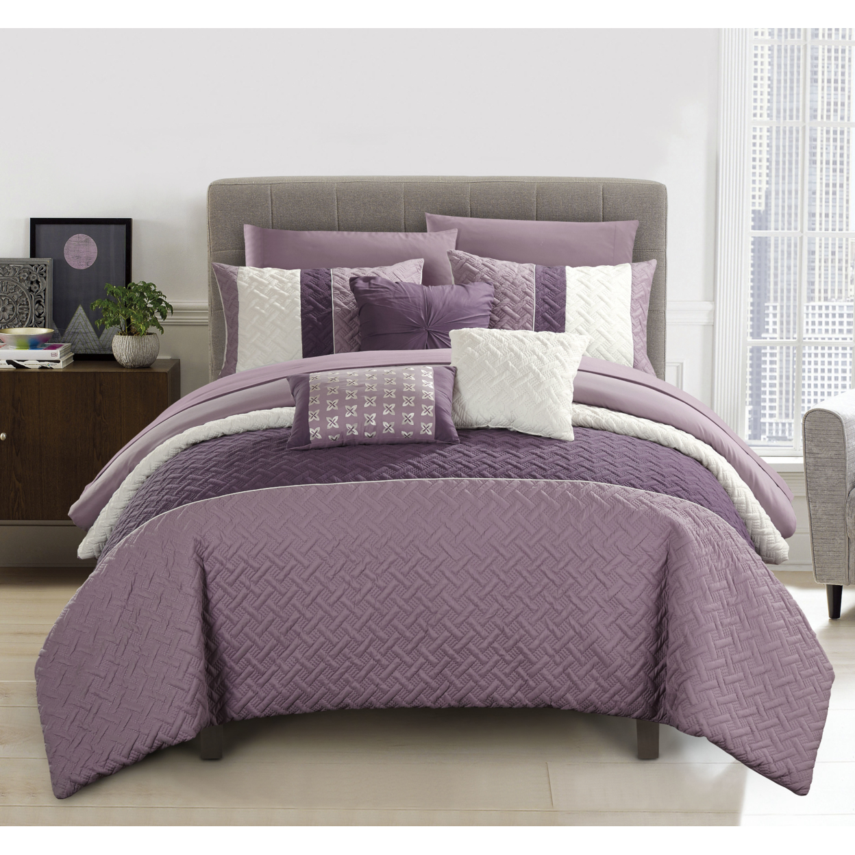 Chic Home Shaila 10 or 8 Piece Comforter Set Color Block Quilted Embroidered Design Bed in a Bag Bedding - Plum, Queen - queen purple
