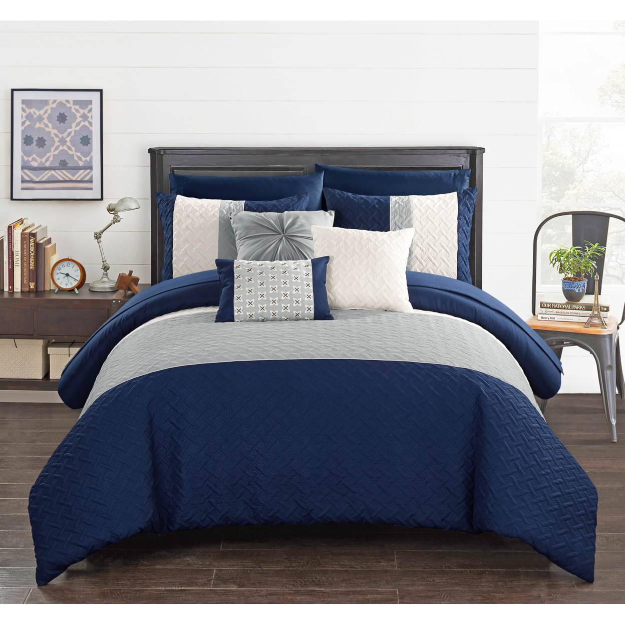 Chic Home Shaila 10 or 8 Piece Comforter Set Color Block Quilted Embroidered Design Bed in a Bag Bedding - Navy, Queen - queen navy blue