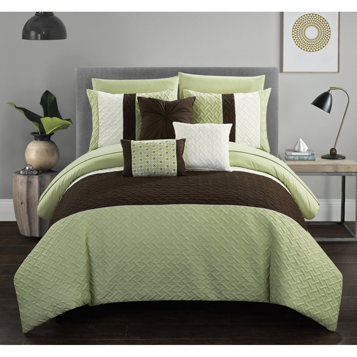Chic Home Shaila 10 or 8 Piece Comforter Set Color Block Quilted Embroidered Design Bed in a Bag Bedding - Green, Queen