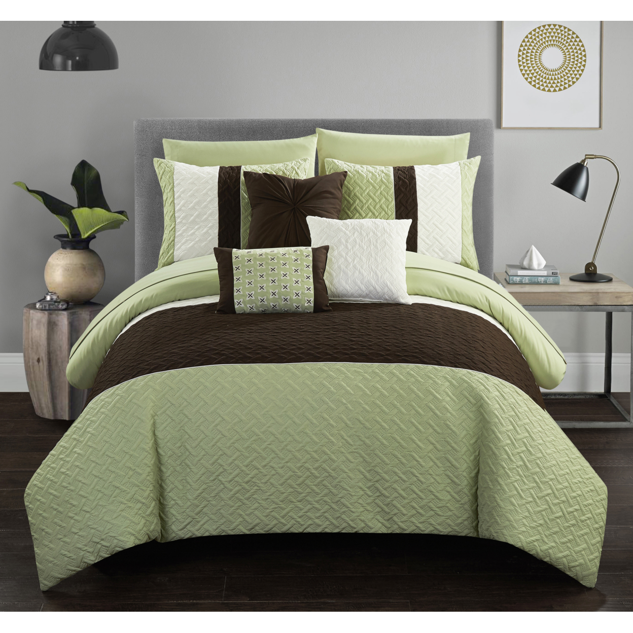 Chic Home Shaila 10 Or 8 Piece Comforter Set Color Block Quilted Embroidered Design Bed In A Bag Bedding - Green, Twin