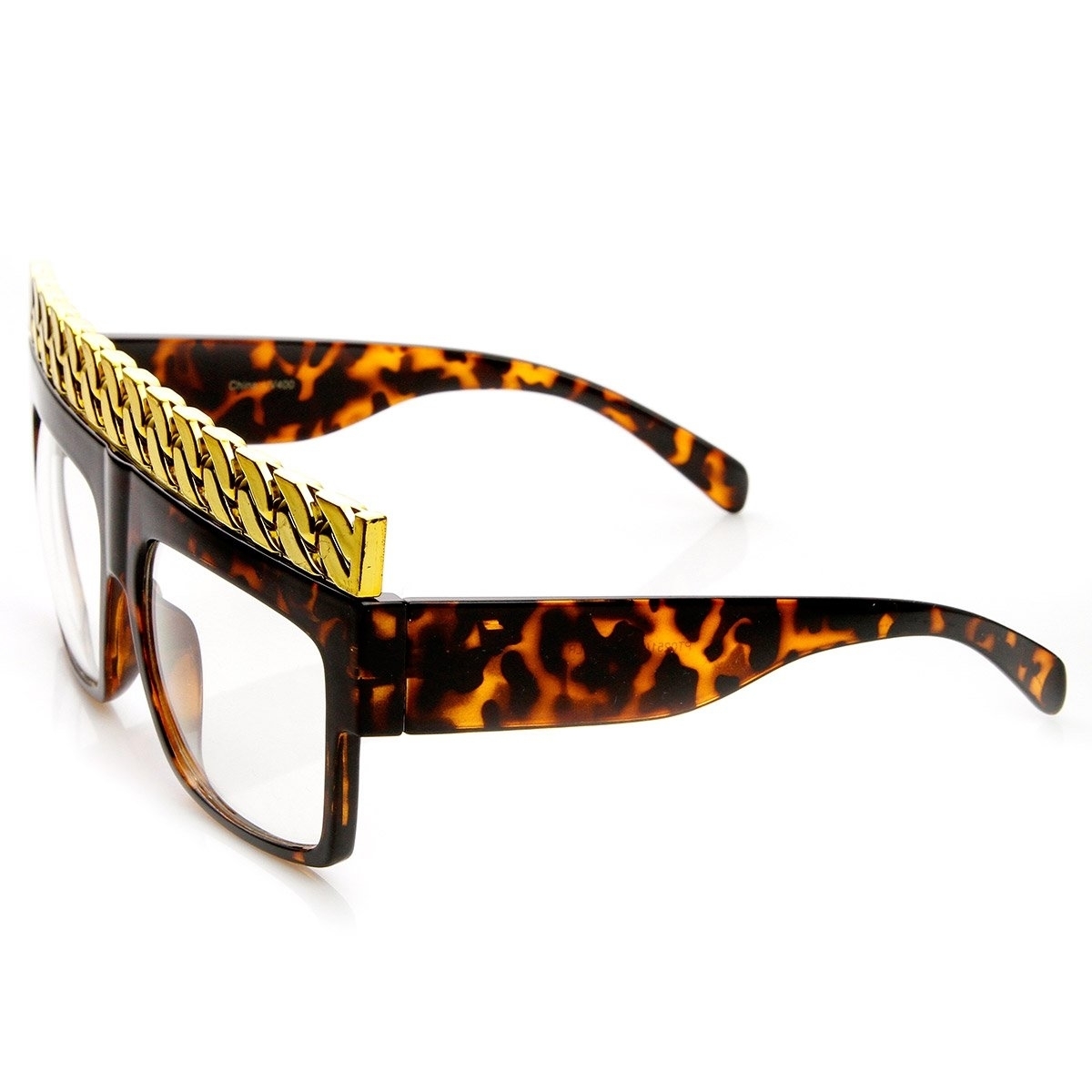 High Fashion Bold Chain Top Square Clear Lens Sunglasses - Shiny Black