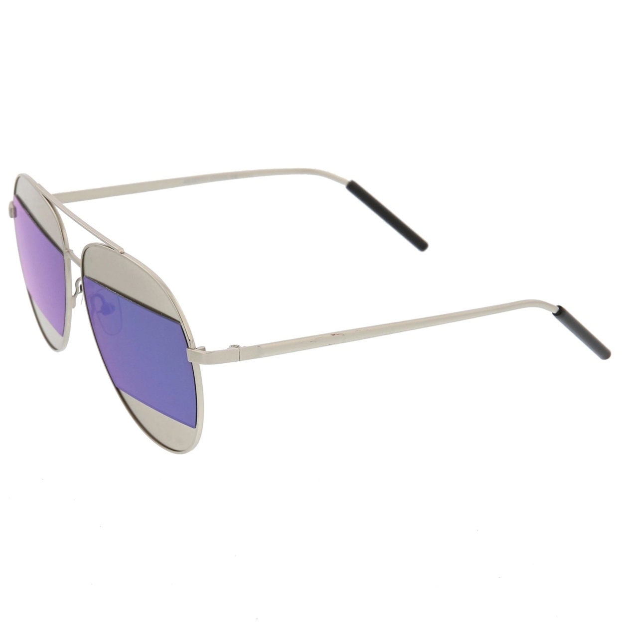 Two-Toned Matte Metal Brow Bar Color Split Mirror Lens Aviator Sunglasses 57mm - Silver / Purple Mirror