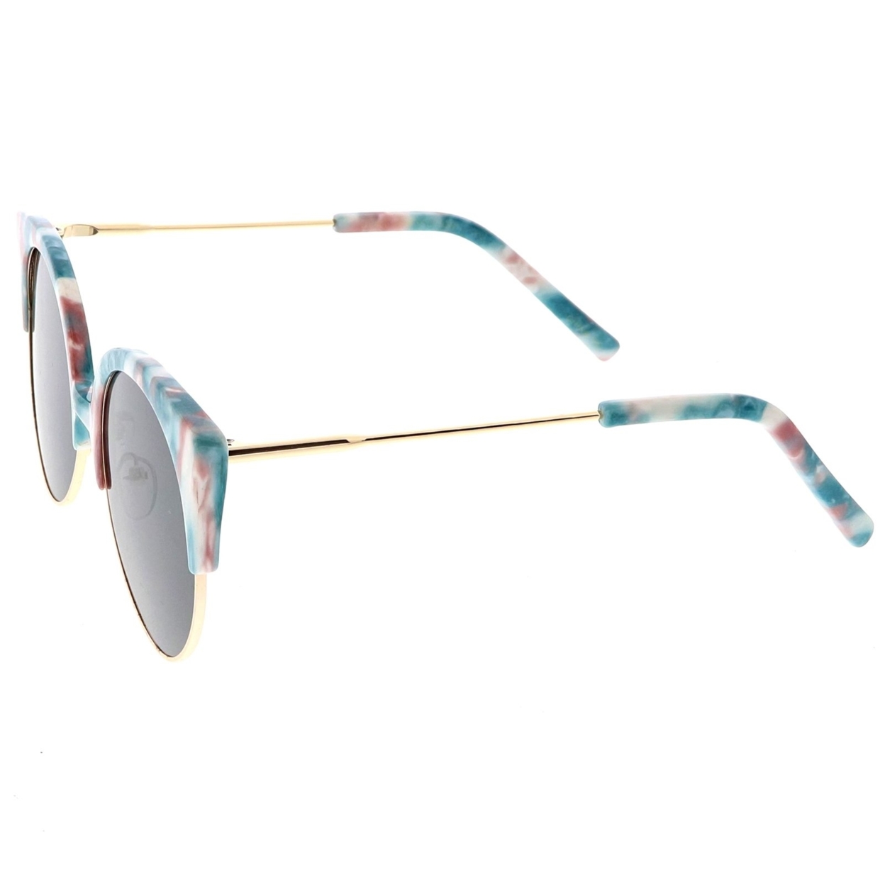 Women's Half Frame Cat Eye Sunglasses Ultra Slim Arms Round Flat Lens 53mm - Blue Red Gold / Smoke