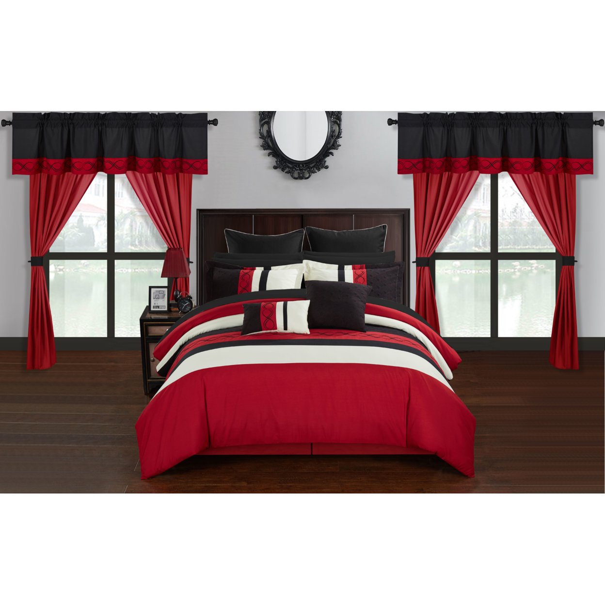 Chic Home Yair 24 Piece Comforter Set Color Block Embroidered Design Complete Bed in a Bag Bedding - Red, Queen