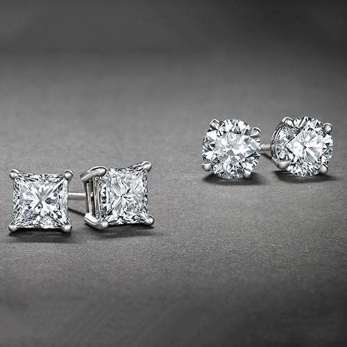 White Gold Plated Stud Earrings Cubic Zirconia Round And Princess Cut 2PC CZ Earrings Set