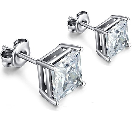 White Gold Plated Stud Earrings Cubic Zirconia Round And Princess Cut 2PC CZ Earrings Set
