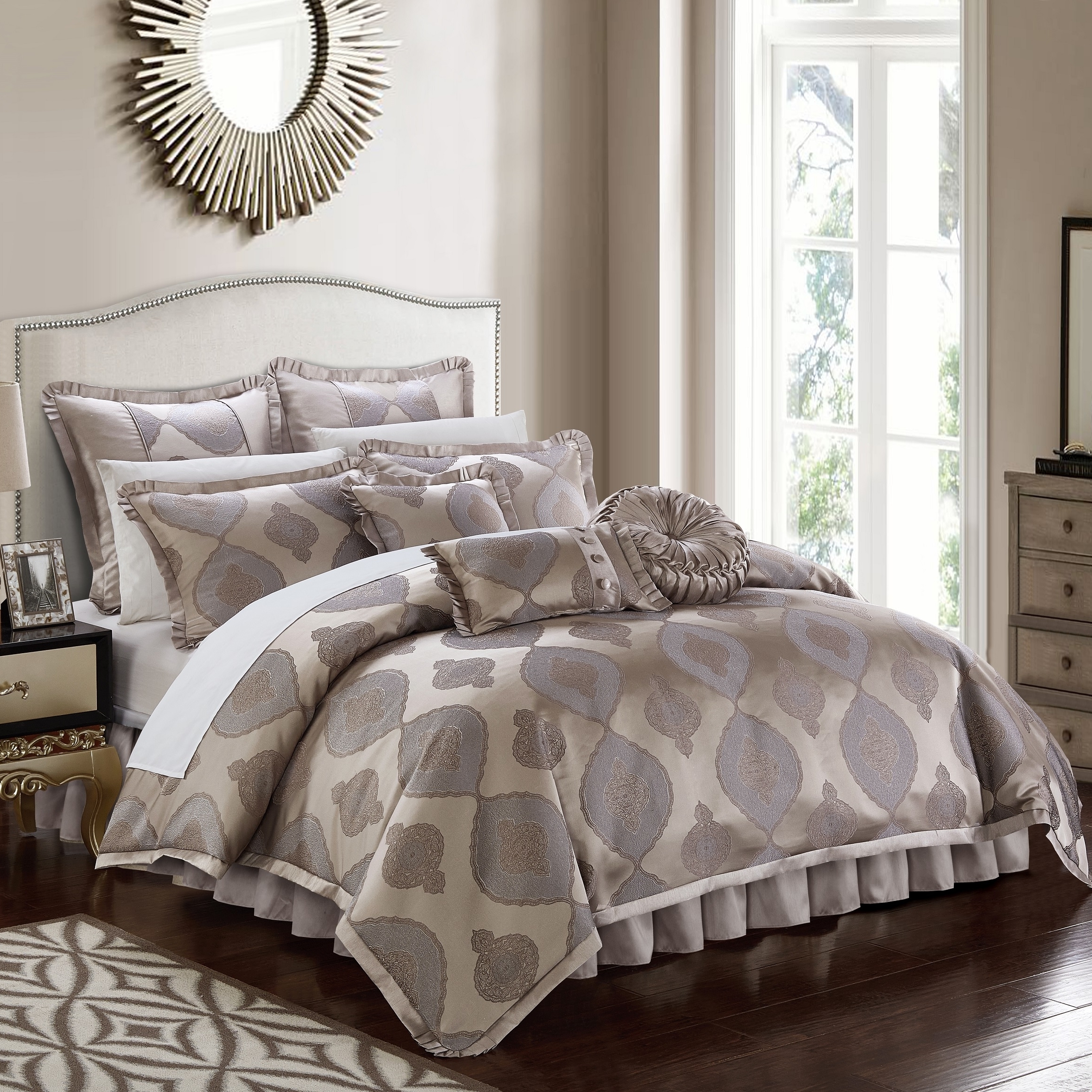 Sisa 9 Piece Comforter Set Jacquard Scroll Faux Silk Bedding With Pleated Flange - Taupe, Queen