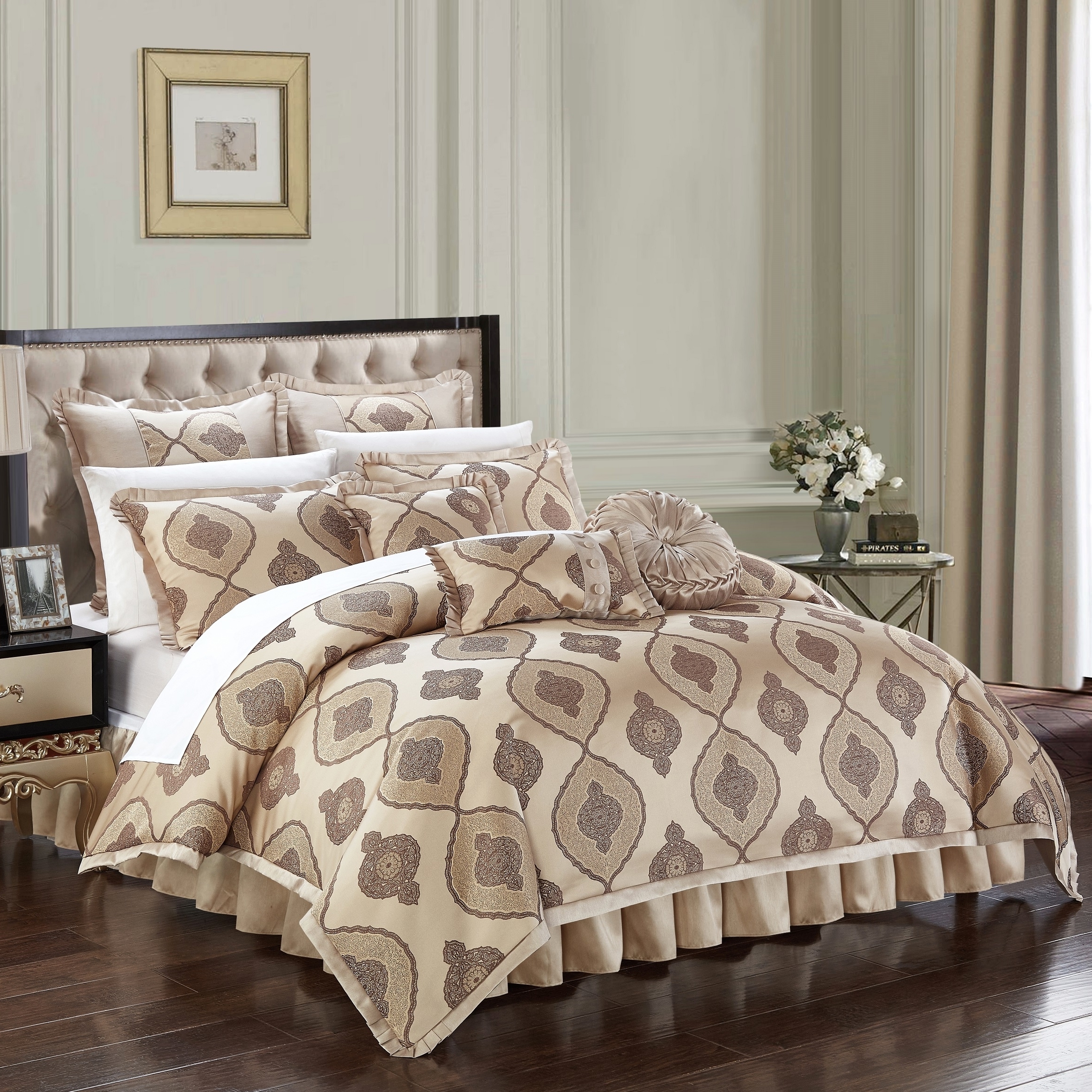 Sisa 9 Piece Comforter Set Jacquard Scroll Faux Silk Bedding With Pleated Flange - Gold, Queen