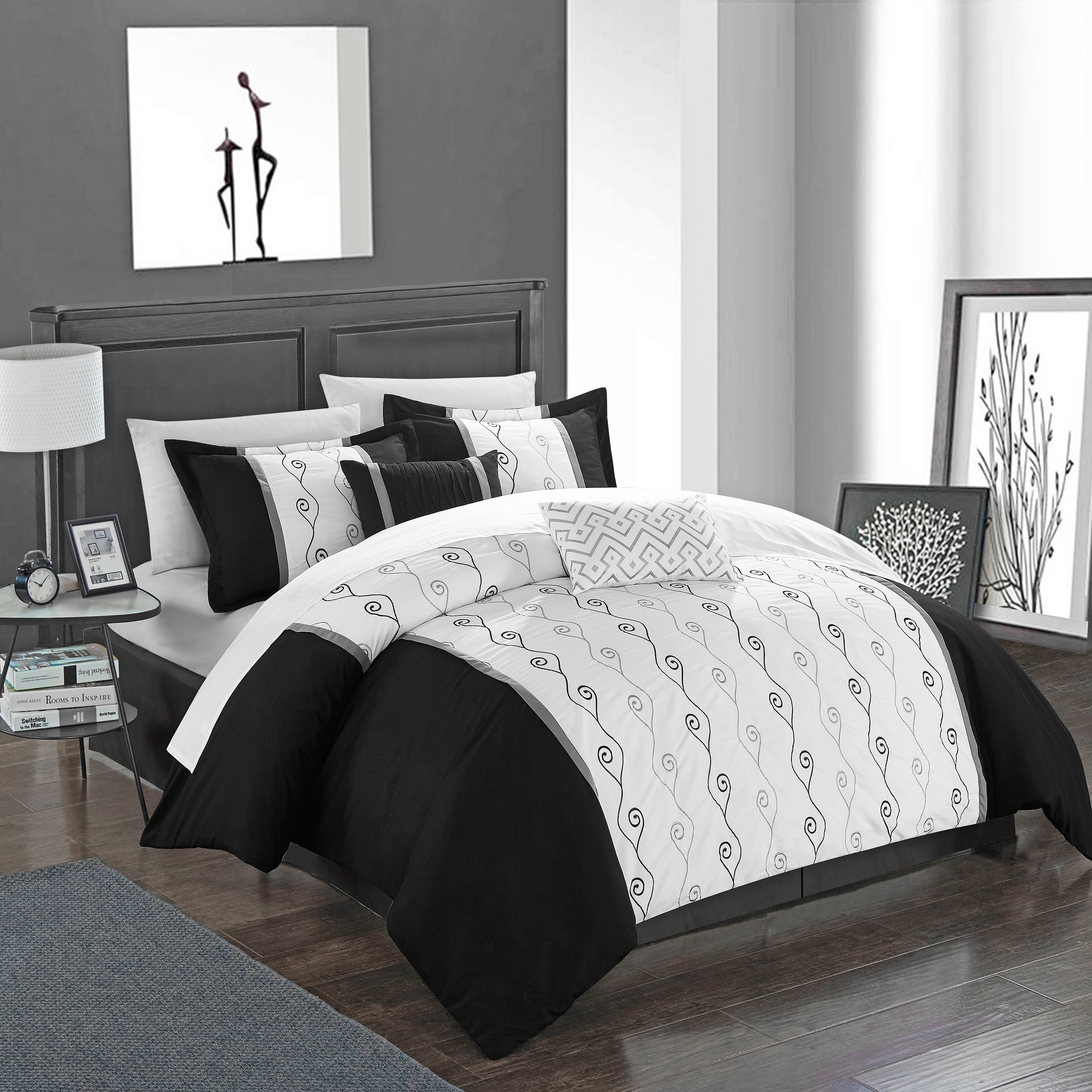 Lystra 6 Piece Comforter Set Color Block Embroidered Bed In A Bag Bedding - Black, King