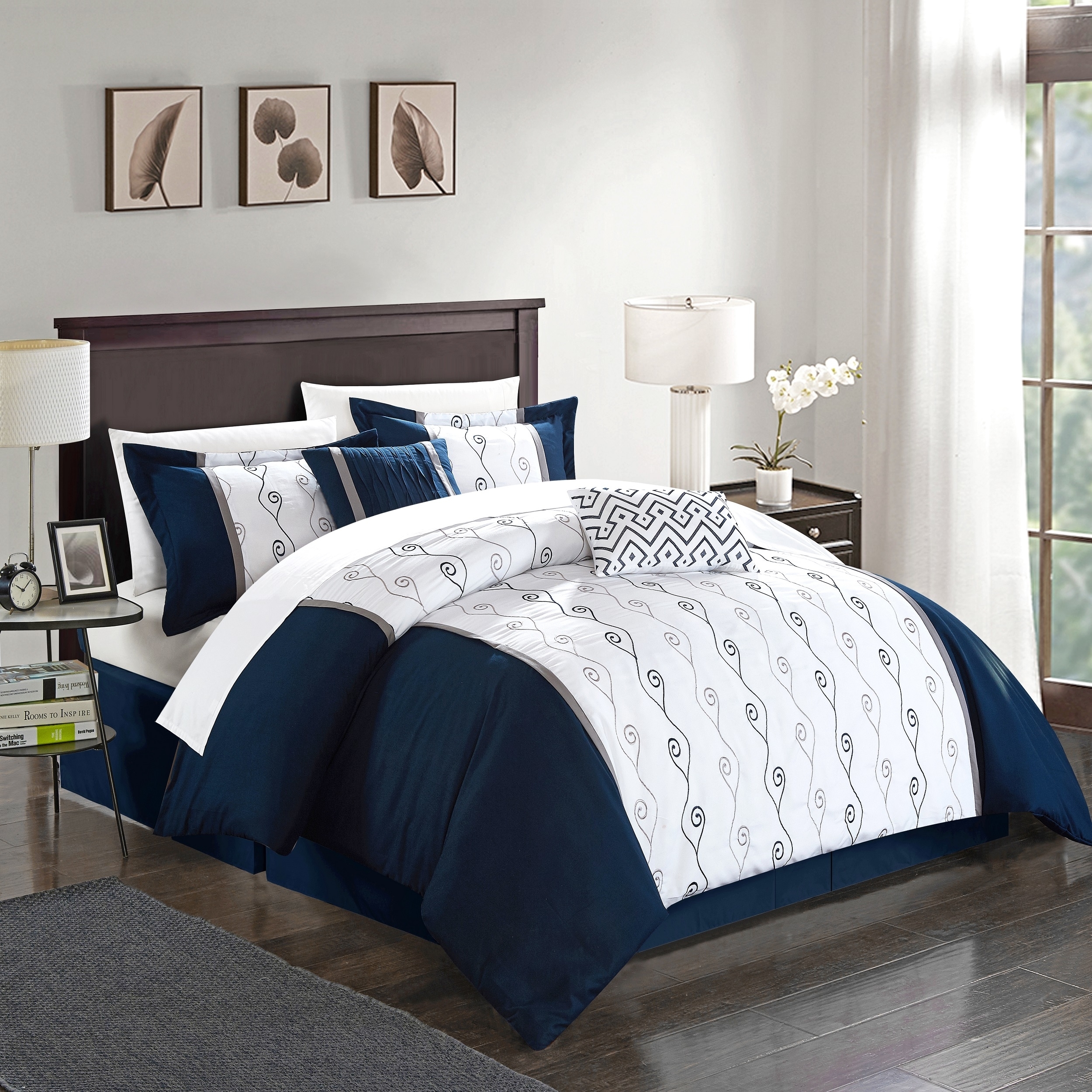 Lystra 6 Piece Comforter Set Color Block Embroidered Bed In A Bag Bedding - Navy, King
