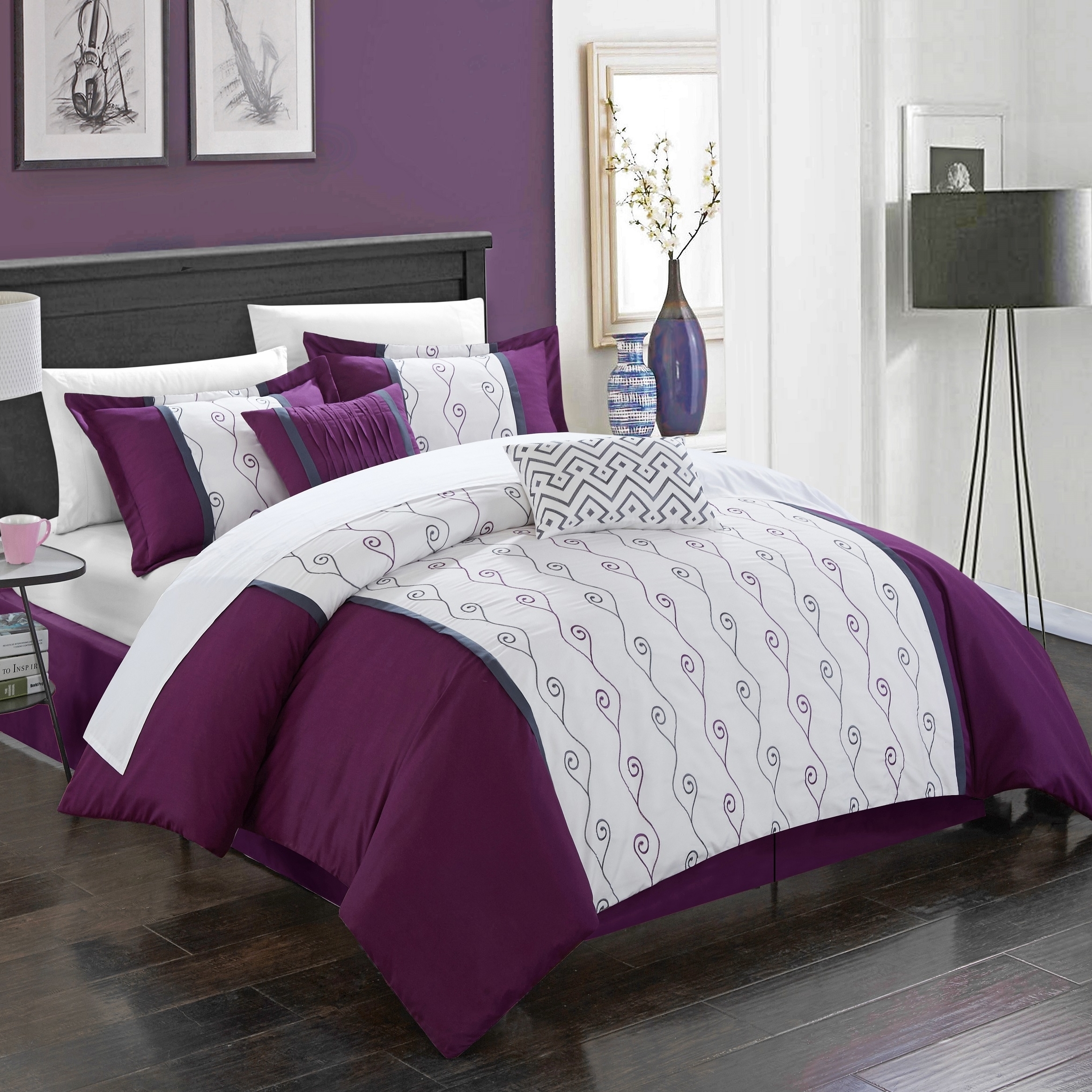 Lystra 6 Piece Comforter Set Color Block Embroidered Bed In A Bag Bedding - Plum, Queen