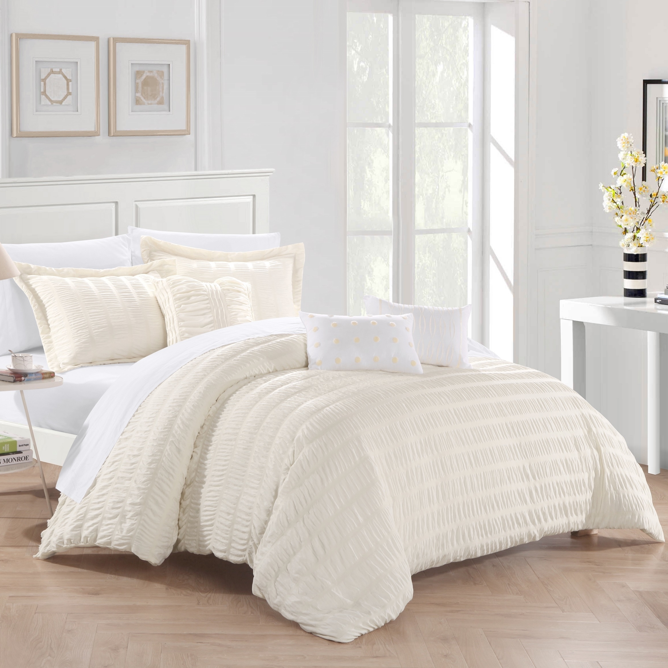 Daza 6 Or 5 Piece Comforter Set Striped Ruched Ruffled Bedding - Beige, King