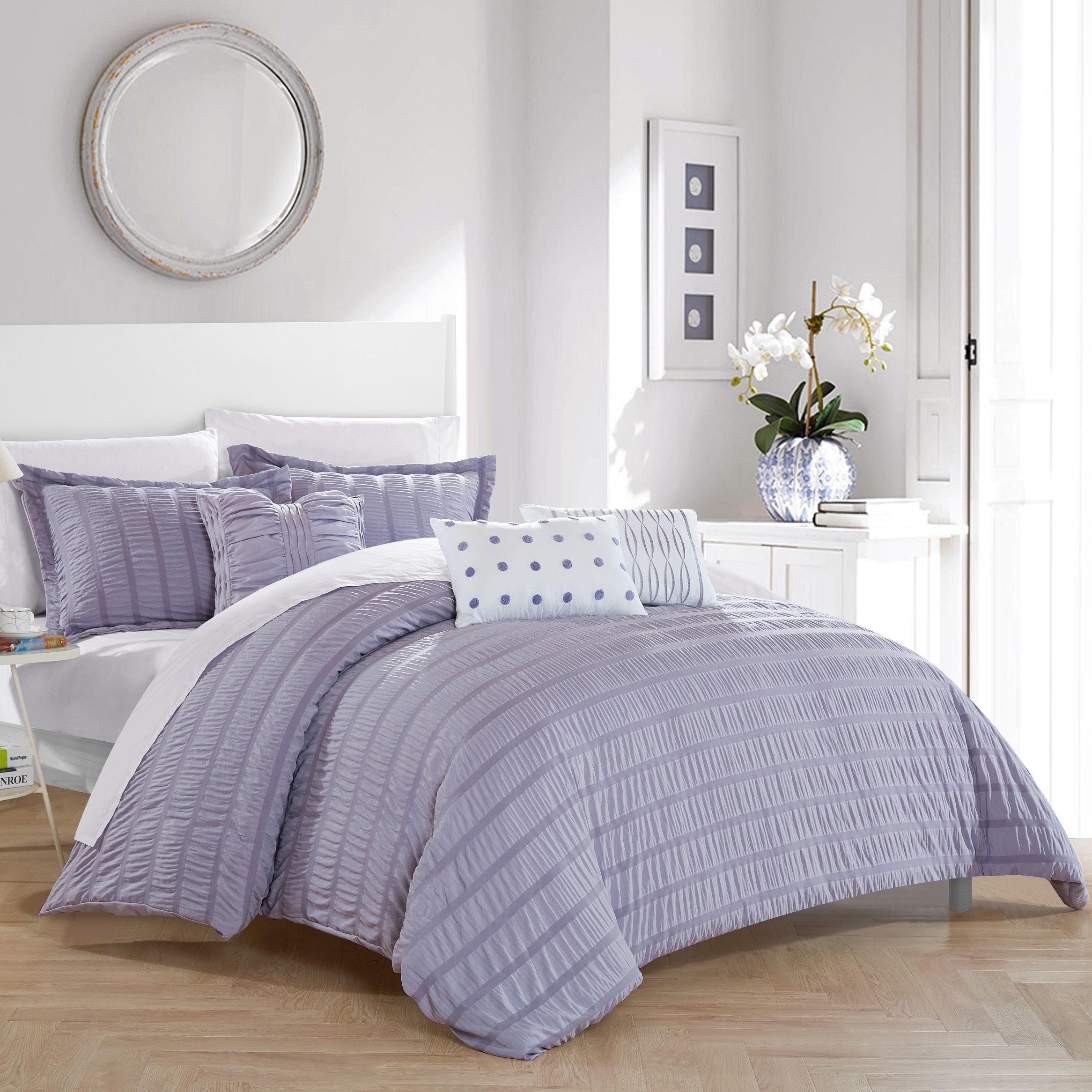 Daza 6 Or 5 Piece Comforter Set Striped Ruched Ruffled Bedding - Lavender, Queen