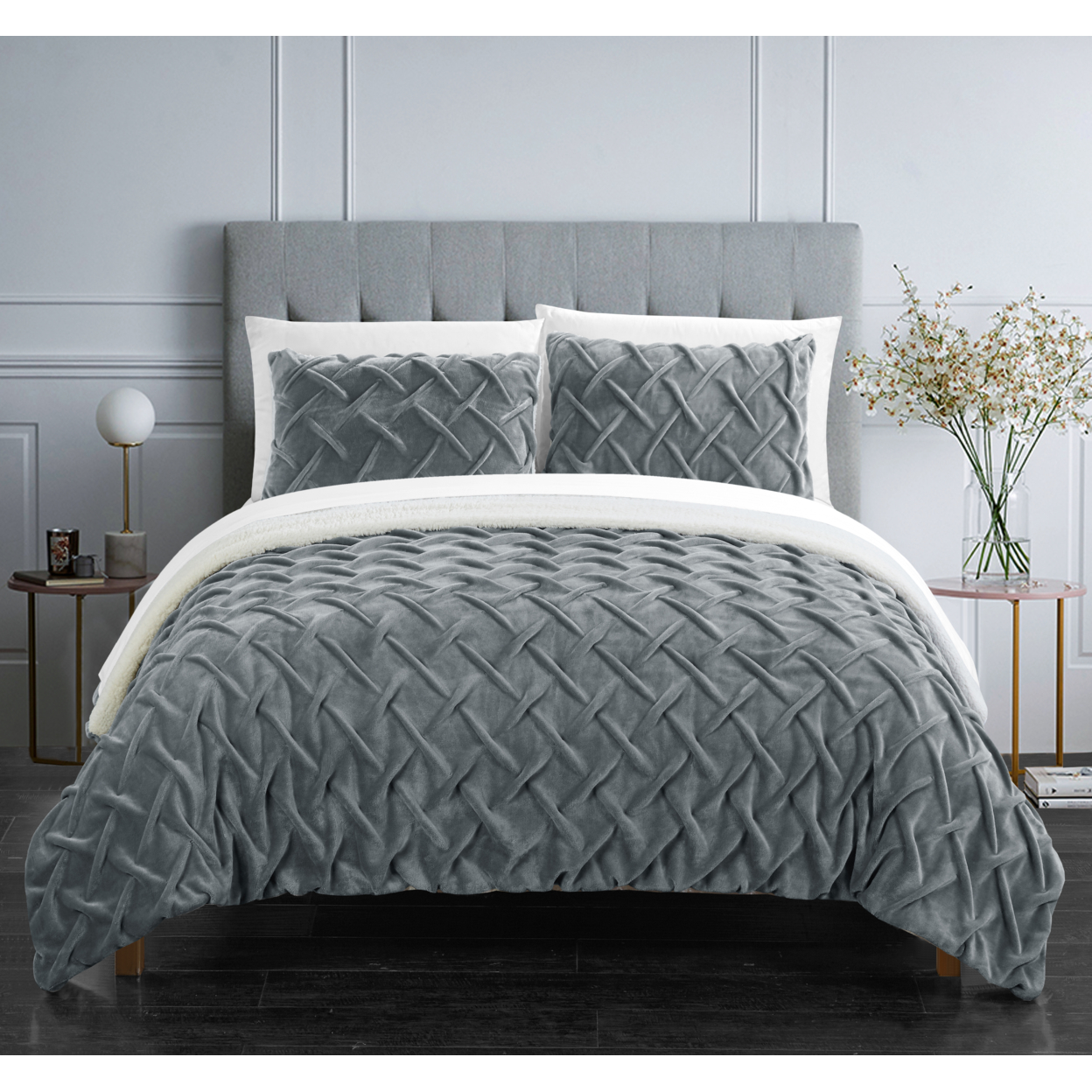 Thirsa 3 Or 2 Piece Comforter Set Ultra Plush Micro Mink Criss Cross Pinch Pleat Sherpa Lined Bedding - Grey, Twin Xl