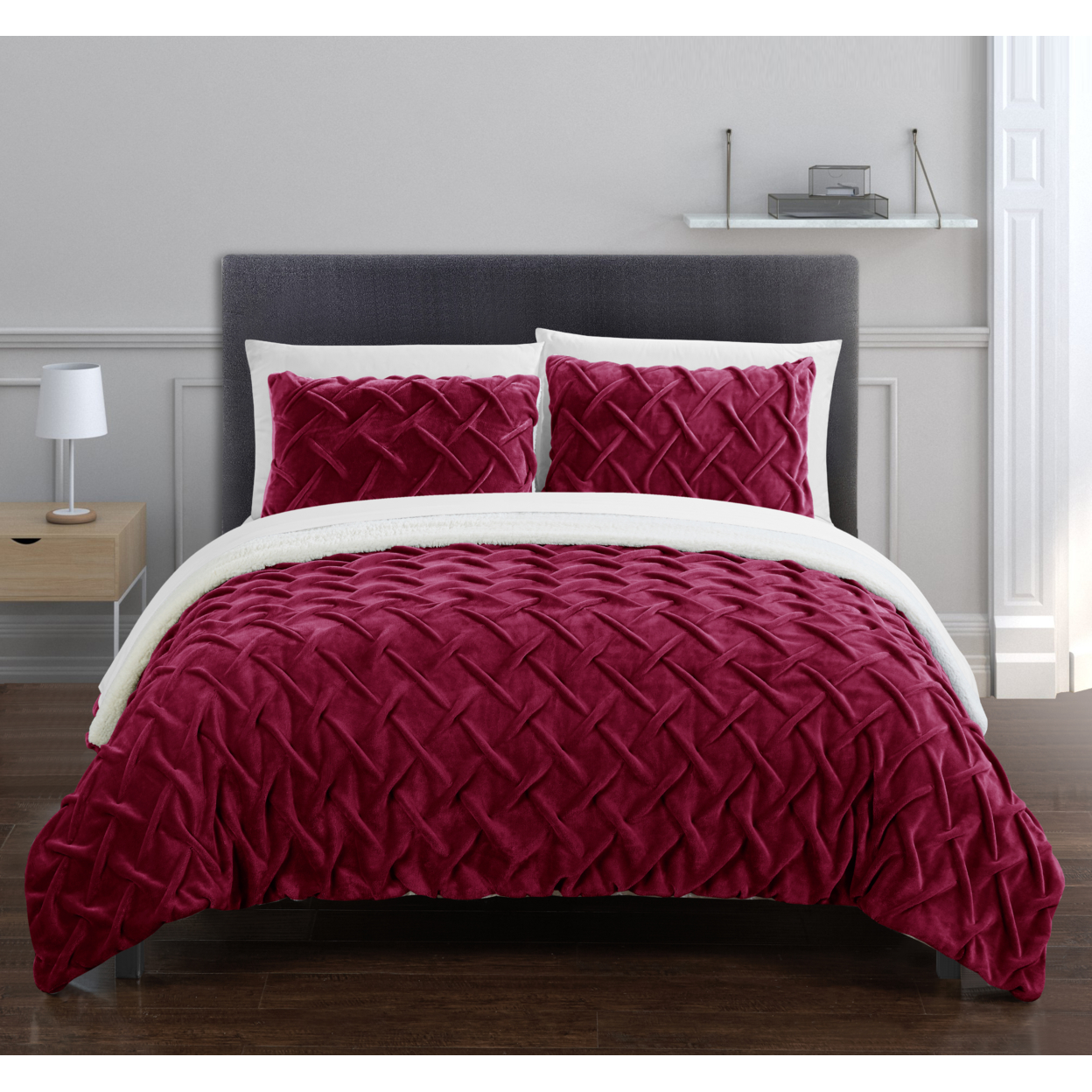 Thirsa 3 Or 2 Piece Comforter Set Ultra Plush Micro Mink Criss Cross Pinch Pleat Sherpa Lined Bedding - Red, Queen