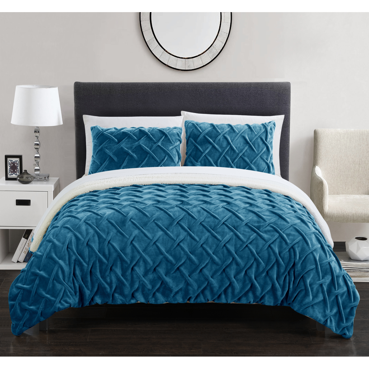 Thirsa 3 Or 2 Piece Comforter Set Ultra Plush Micro Mink Criss Cross Pinch Pleat Sherpa Lined Bedding - Teal, Queen