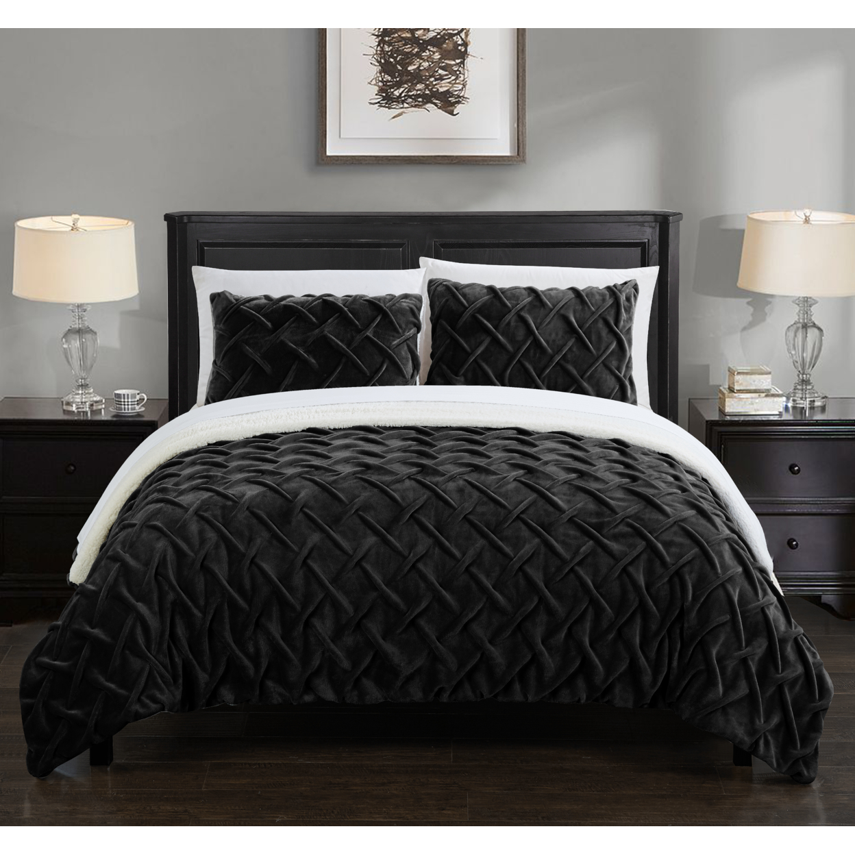 Thirsa 3 Or 2 Piece Comforter Set Ultra Plush Micro Mink Criss Cross Pinch Pleat Sherpa Lined Bedding - Black, Queen