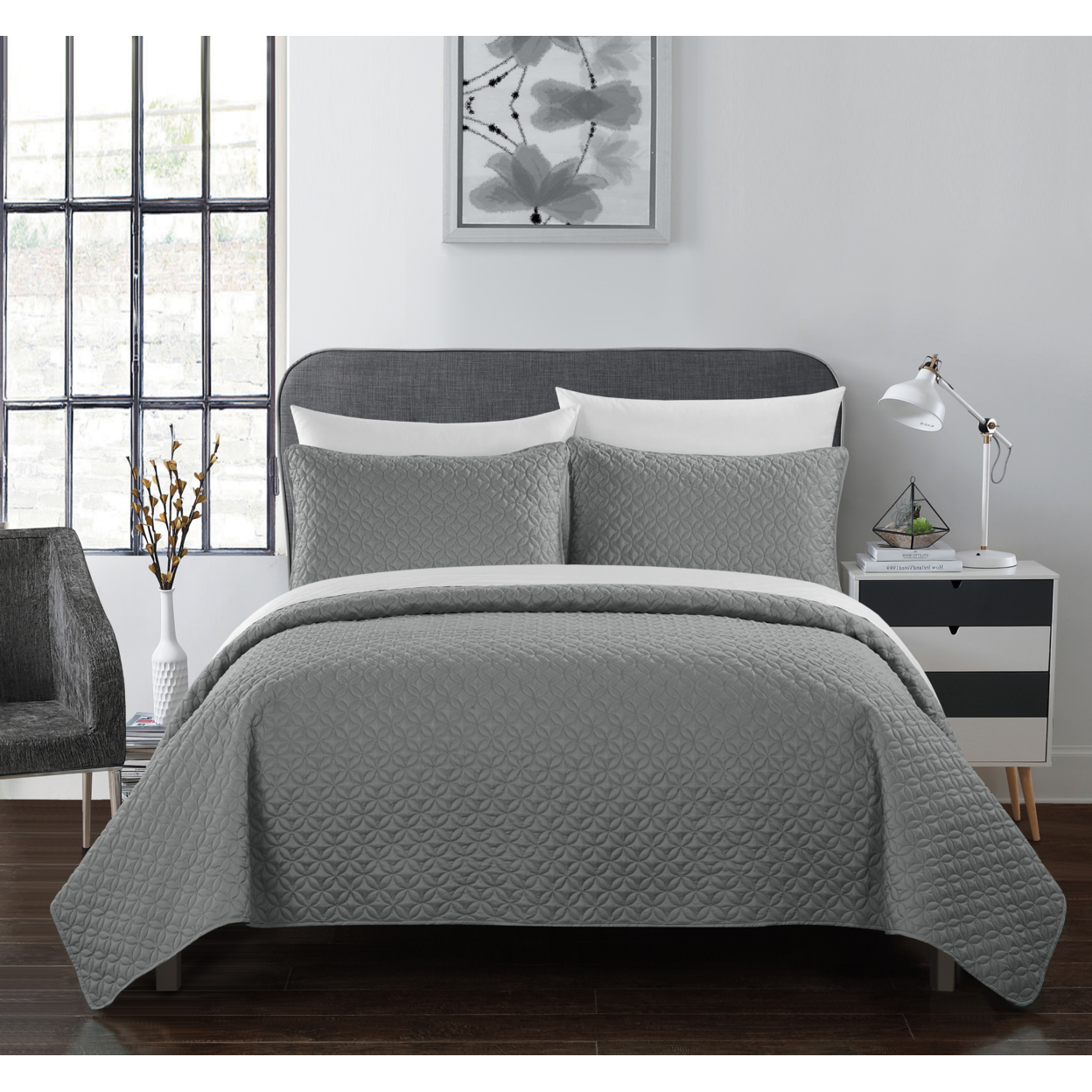 Gideon 3 Or 2 Piece Quilt Cover Set Rose Star Geometric Quilted Bedding - Grey, Queen