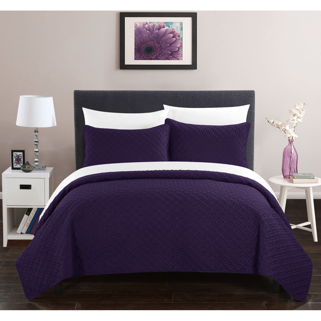 Gideon 3 Or 2 Piece Quilt Cover Set Rose Star Geometric Quilted Bedding - Purple, King